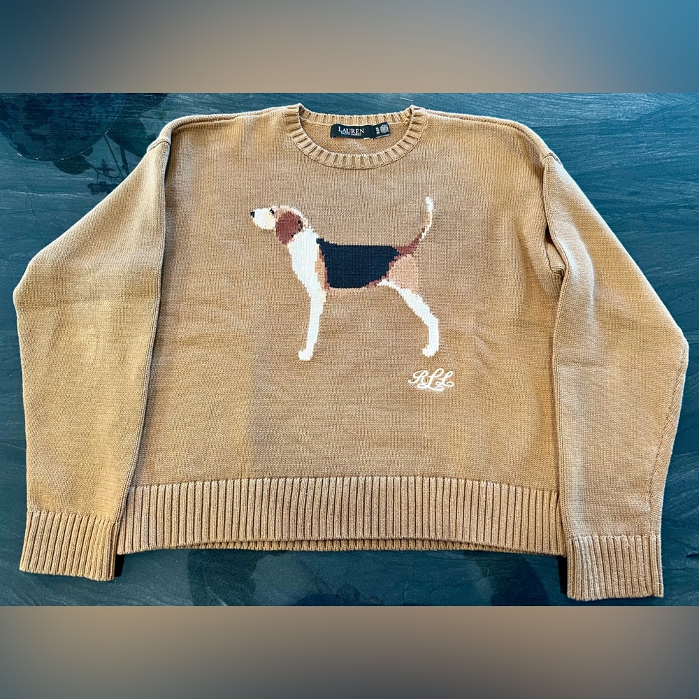 NWOT Lauren Ralph Lauren Tan Dog Sweater XL Runs Small